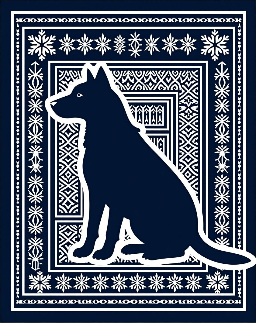 Dark Blue Silhouette Dog Medallion Border Rug