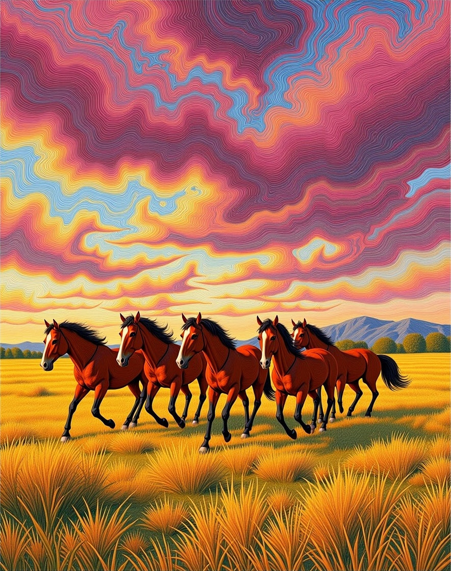 Vibrant Wild Horses Running Field Sunset Rug