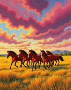 Vibrant Wild Horses Running Field Sunset Rug