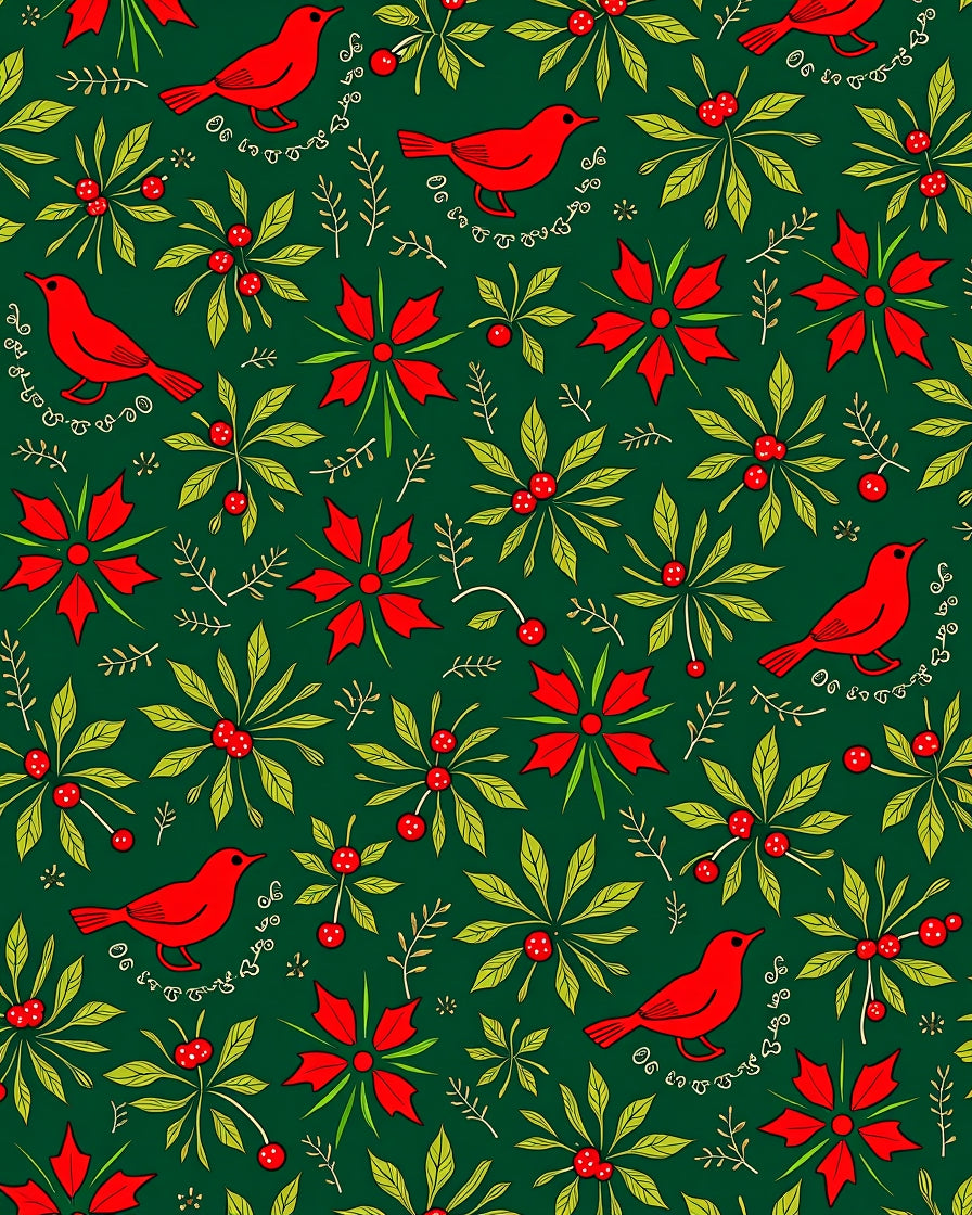 Red Birds Green Holly Poinsettia Rug