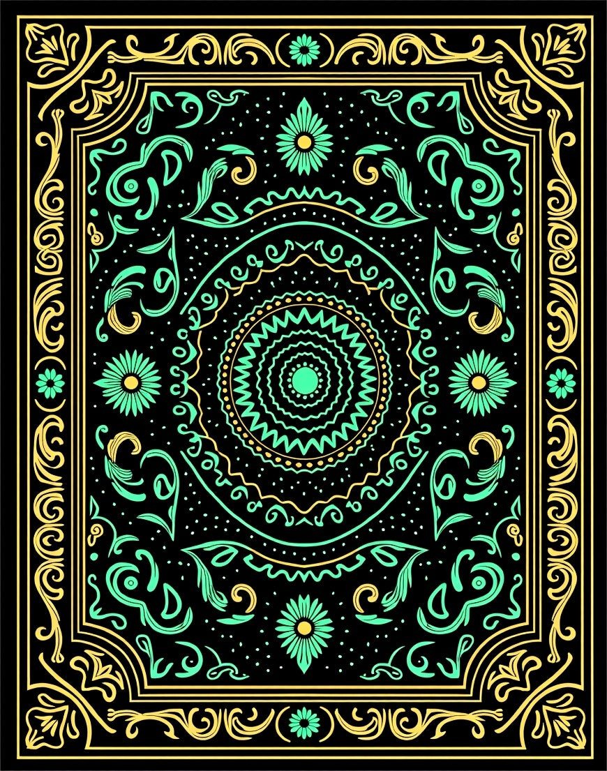 Black Teal Yellow Mandala Floral Border Rug