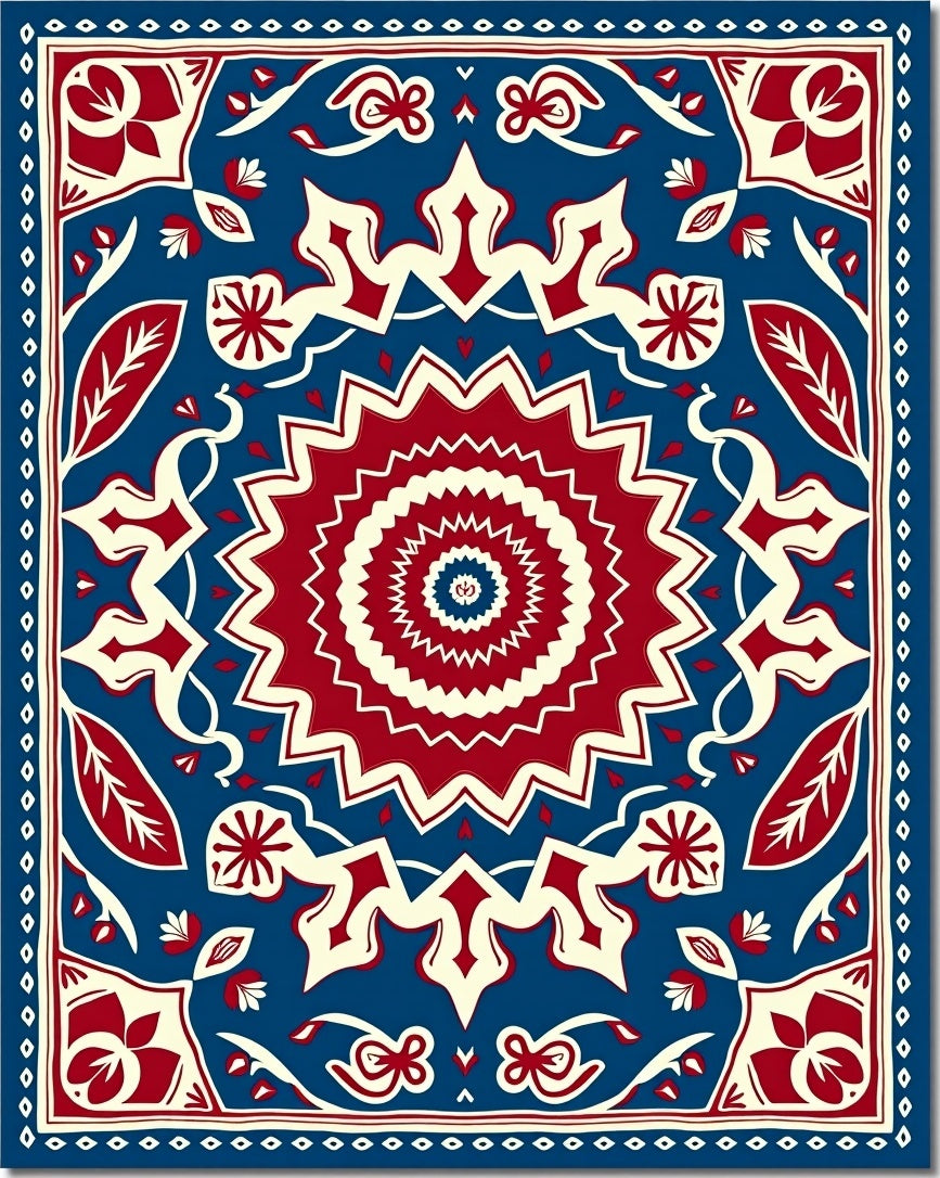 Bold Red Blue Floral Medallion Rug
