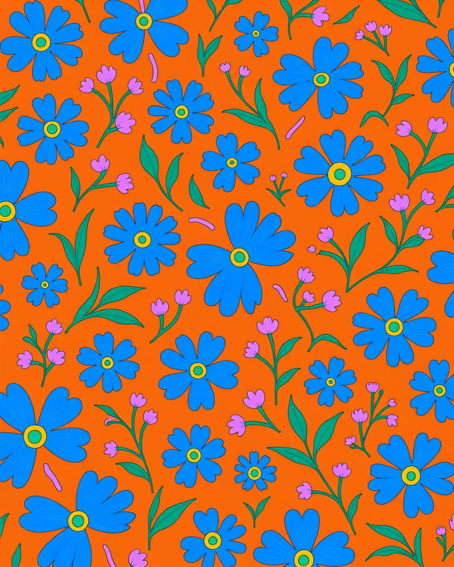 Retro Blue Daisy Orange Floral Rug