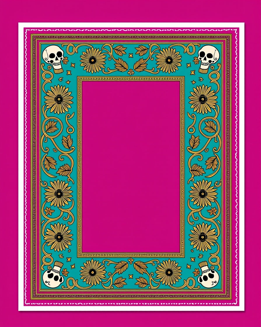 Teal Floral Skull Whimsical Frame Rug