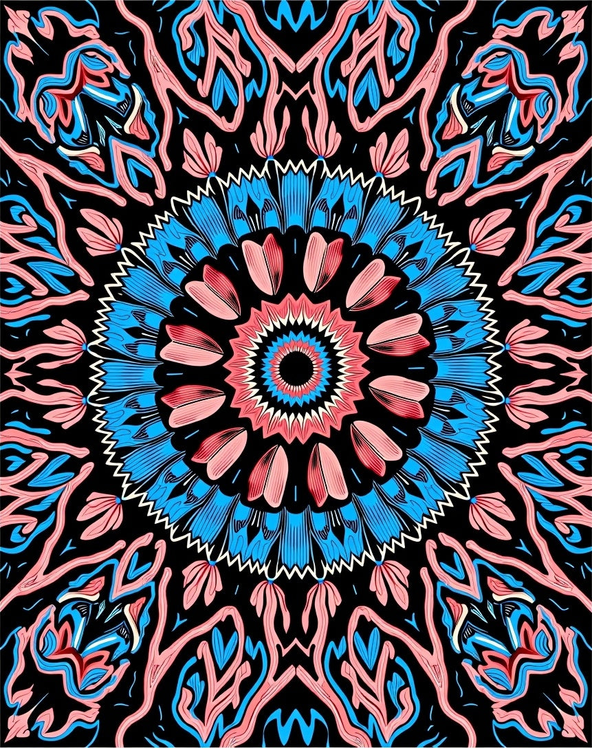 Coral Blue Swirl Mandala Rug