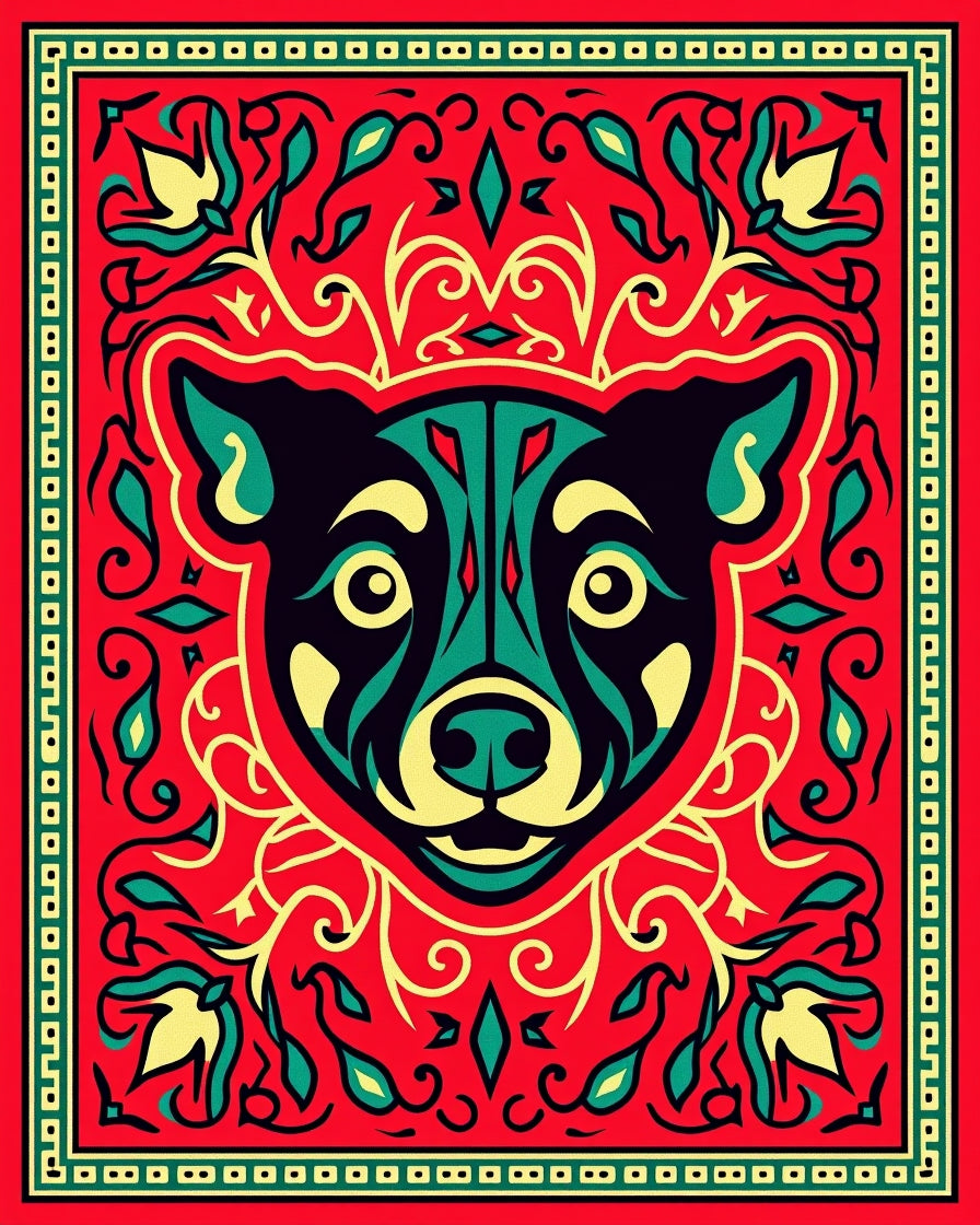 Bold Red Canine Floral Swirl Rug
