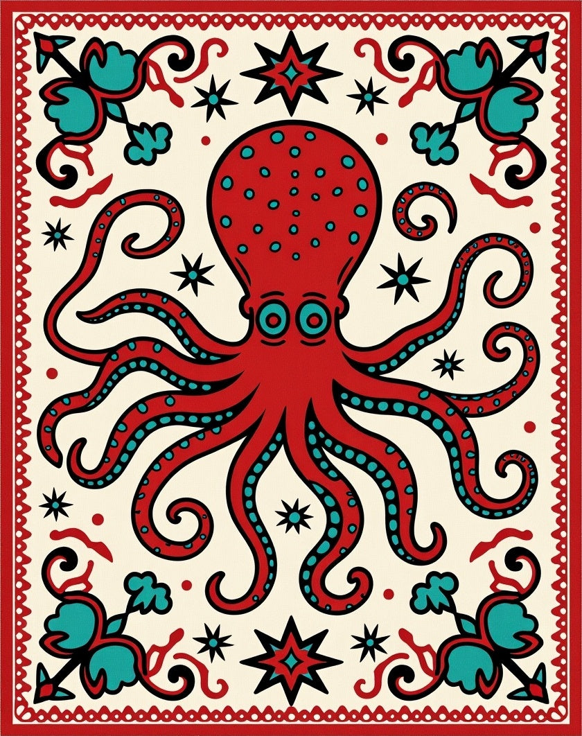 Crimson Octopus Starburst Folk Art Rug