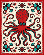 Crimson Octopus Starburst Folk Art Rug