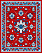 Vibrant Red Blue Floral Medallion Border Rug