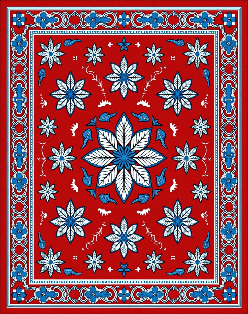 Vibrant Red Blue Floral Medallion Border Rug