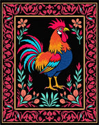 Vibrant Rooster Floral Scroll Border Rug
