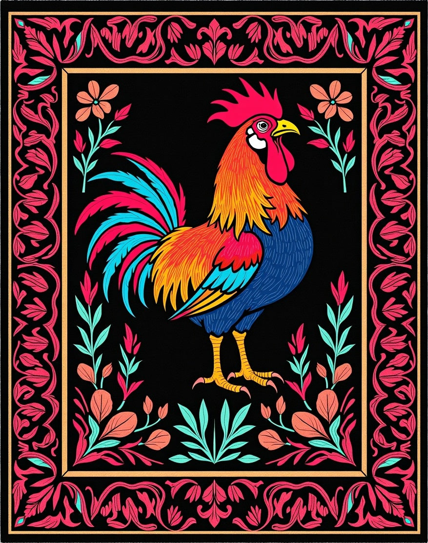Vibrant Rooster Floral Scroll Border Rug