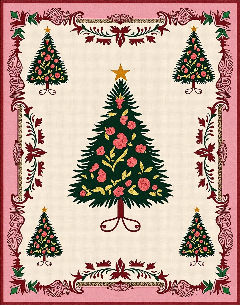 Festive Pine Trees Floral Border Rug