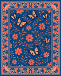 Coral Butterflies Blue Floral Garden Rug