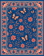 Coral Butterflies Blue Floral Garden Rug
