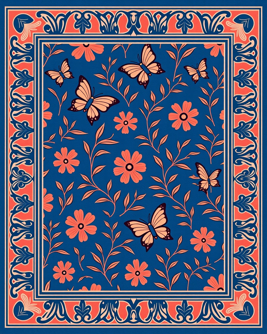 Coral Butterflies Blue Floral Garden Rug