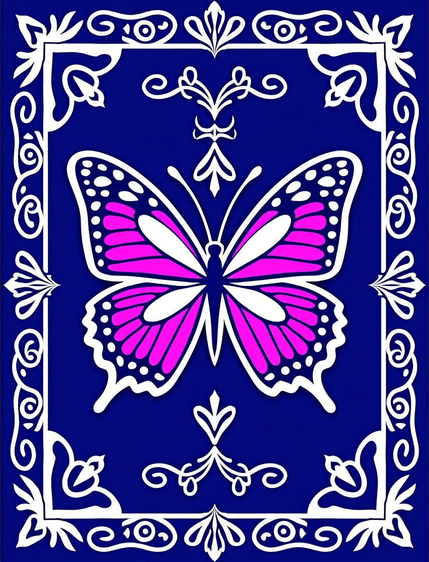 Bright Fuchsia Butterfly Ornamental Tile Rug