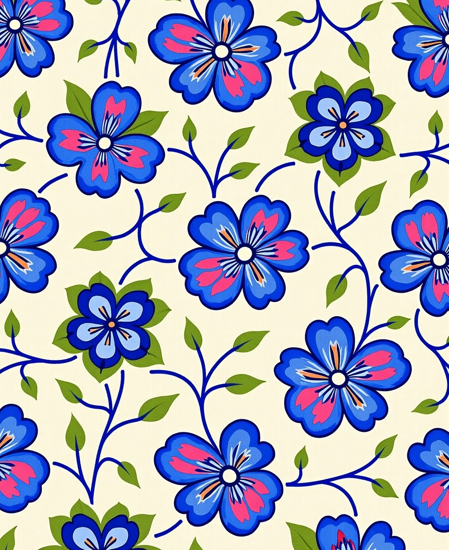 Vibrant Blue Pink Floral Vine Rug