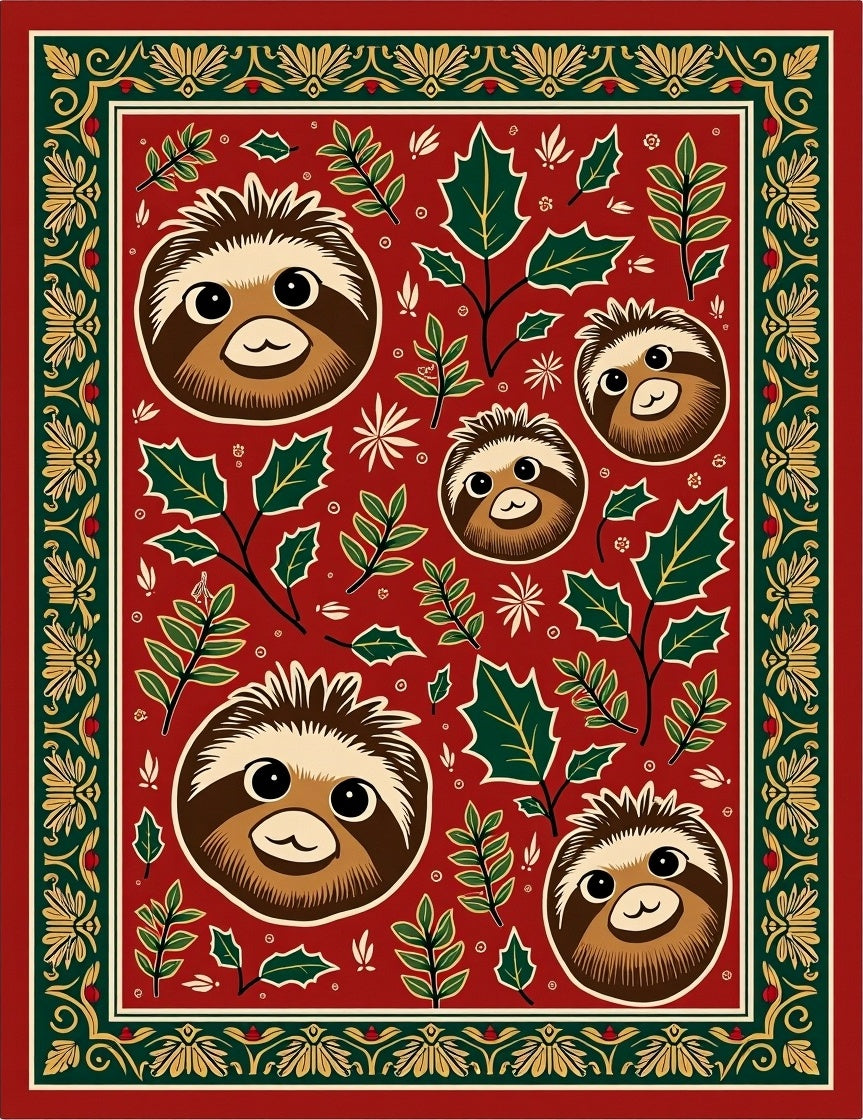 Whimsical Sloth Holly Woodland Border Rug
