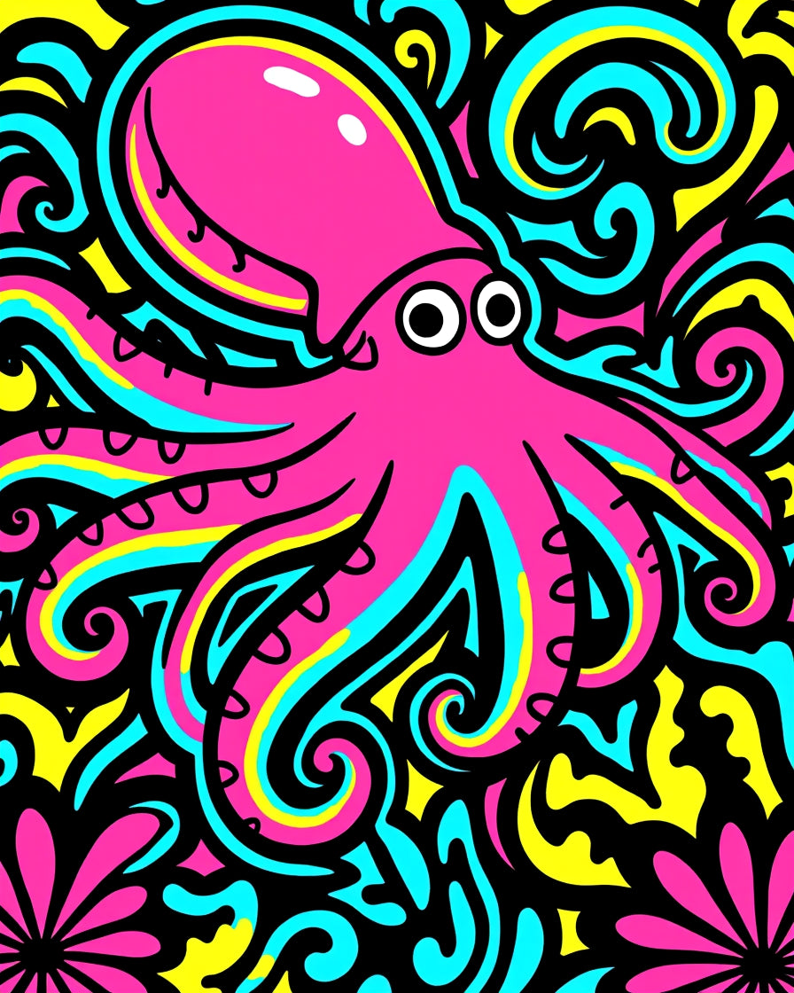 Pink Octopus Swirls Aqua Yellow Rug