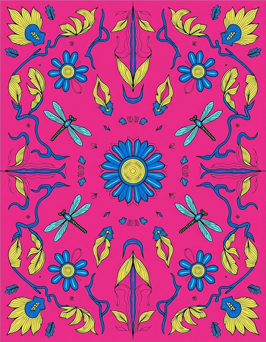 Vibrant Blue Dragonfly Floral Meadow Rug