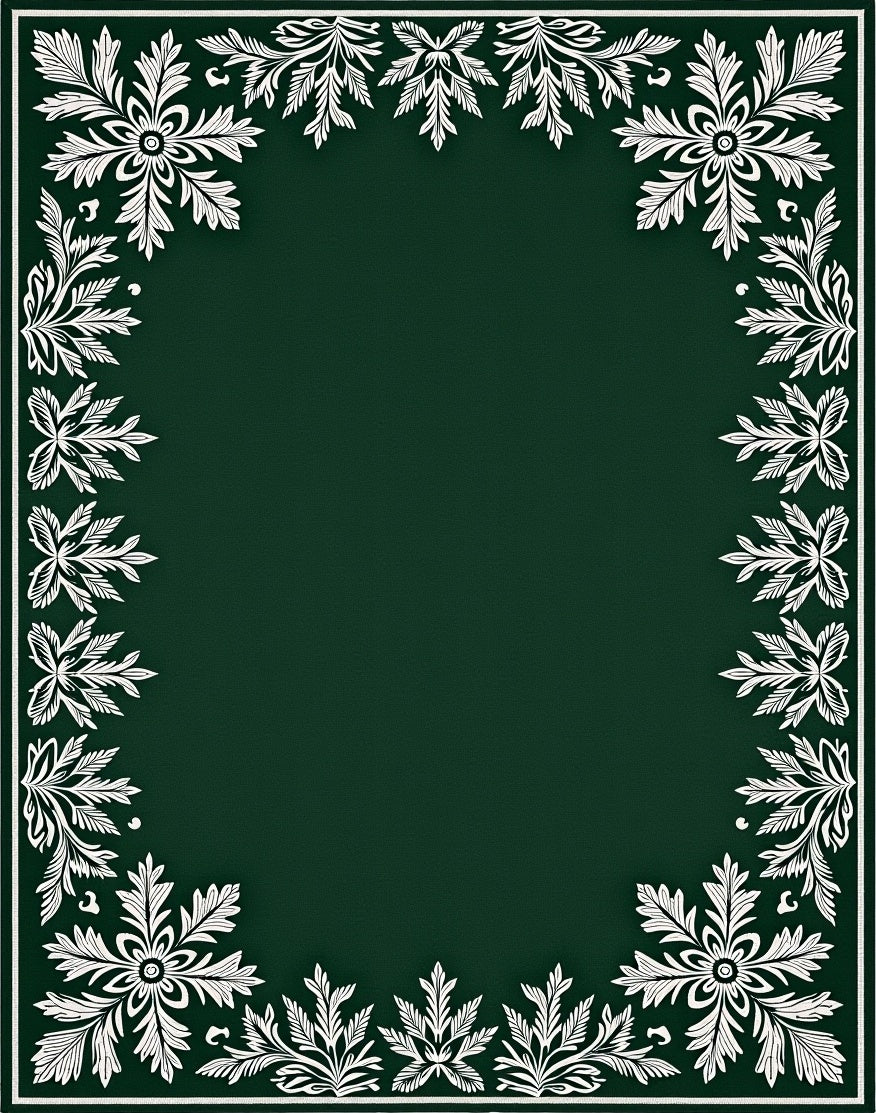 Dark Green White Floral Border Rug