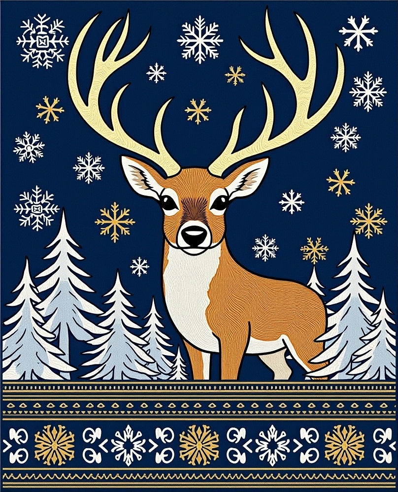 Golden Antler Stag Winter Snowflake Border Rug