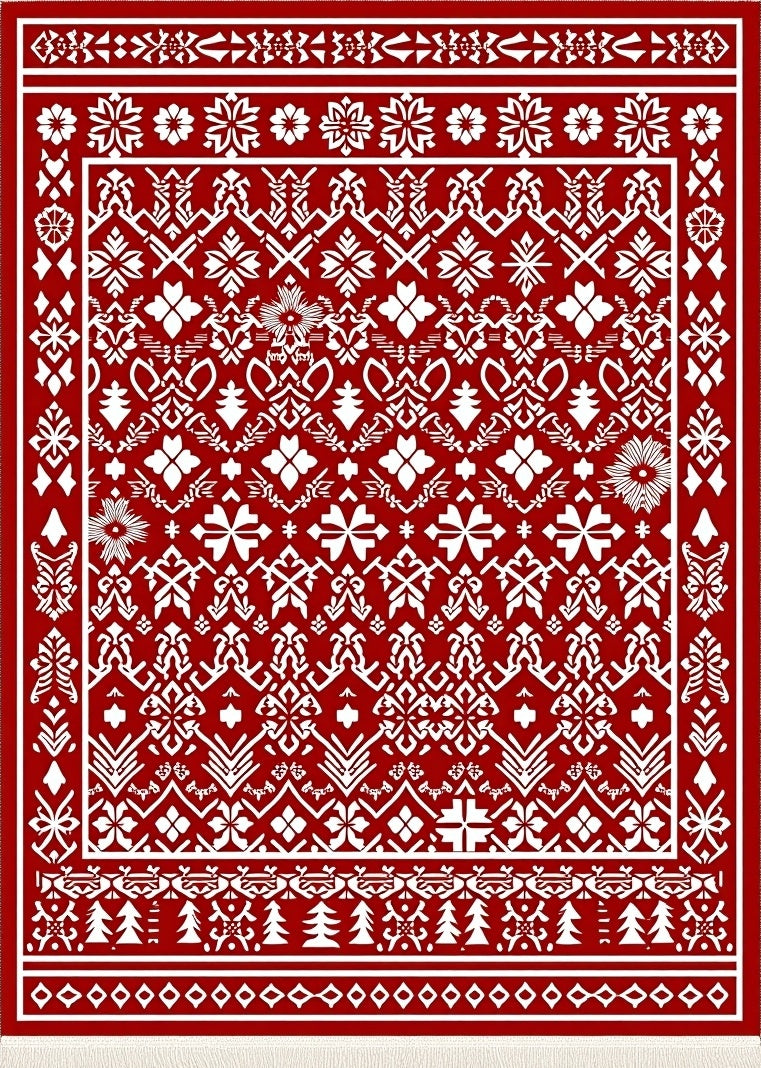 Bold Red Nordic Folk Art Rug