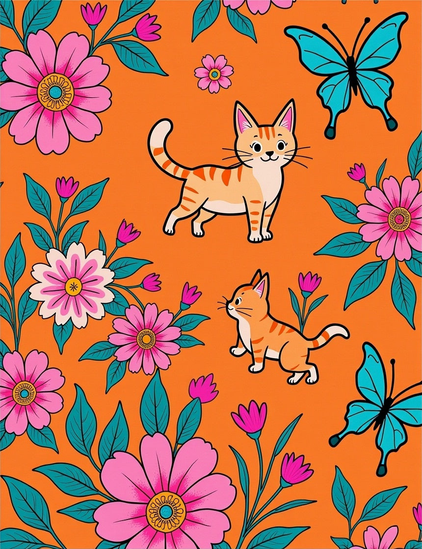 Whimsical Orange Cat Butterfly Garden Rug