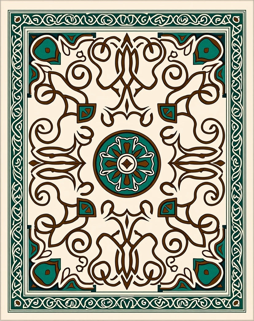 Emerald Brown Ivory Scroll Medallion Rug