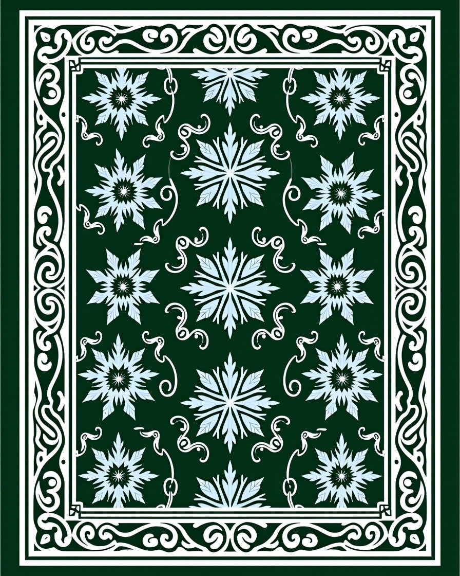 Dark Green Snow Crystal Floral Border Rug
