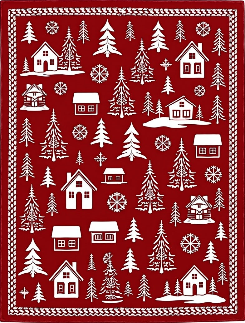Cozy Red Winter Village Christmas Rug