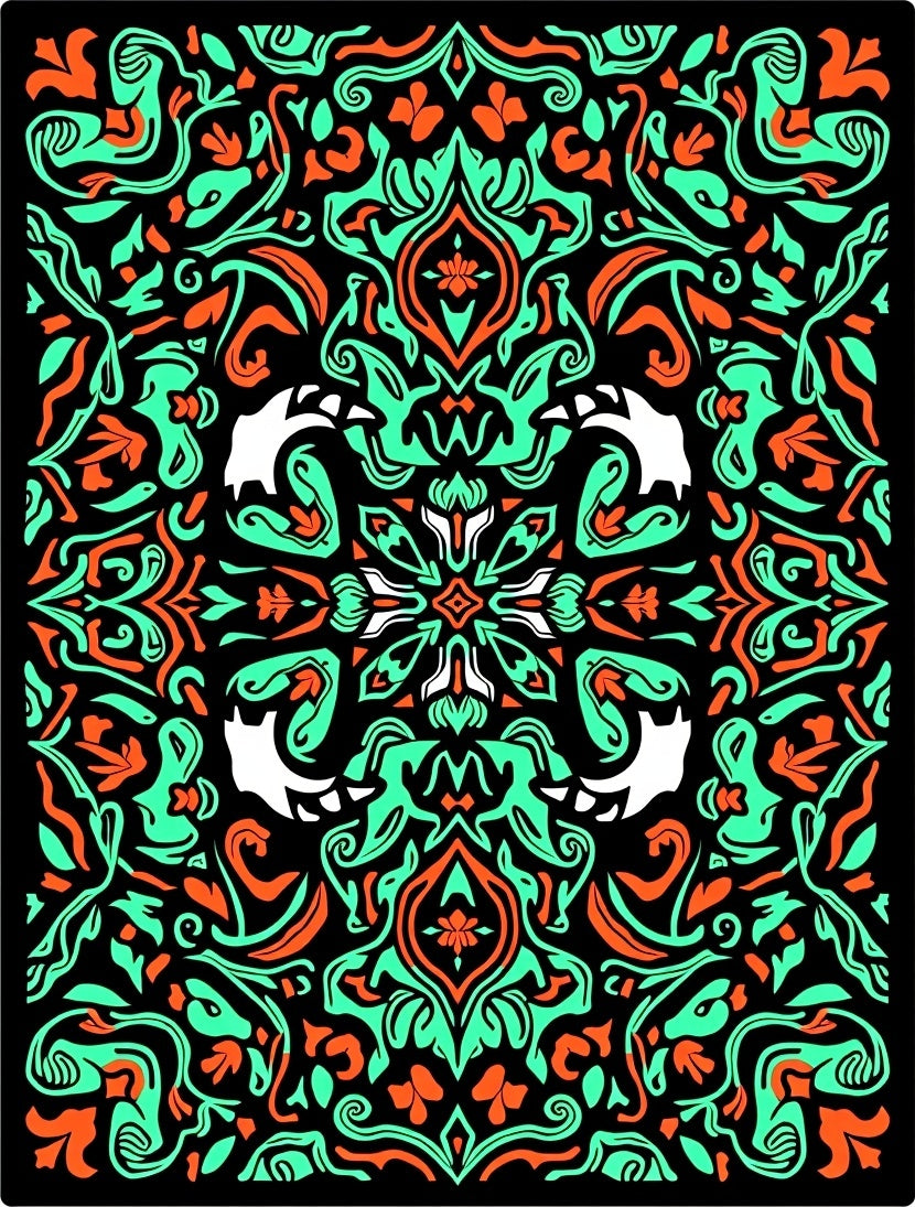 Vibrant Black Teal Orange Nature Scroll Rug