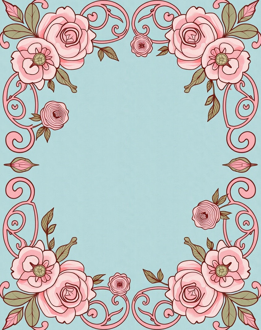 Blush Pink Floral Scroll Corners Soft Blue Rug