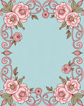 Blush Pink Floral Scroll Corners Soft Blue Rug