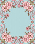 Blush Pink Floral Scroll Corners Soft Blue Rug
