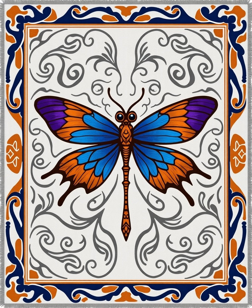 Vibrant Blue Orange Butterfly Scrollwork Rug
