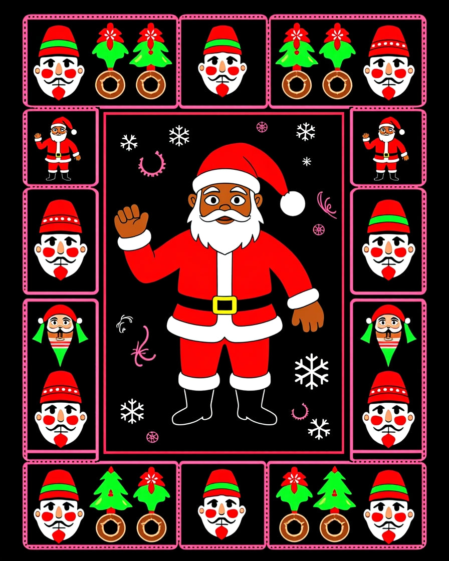 Festive Black Santa Christmas Border Rug