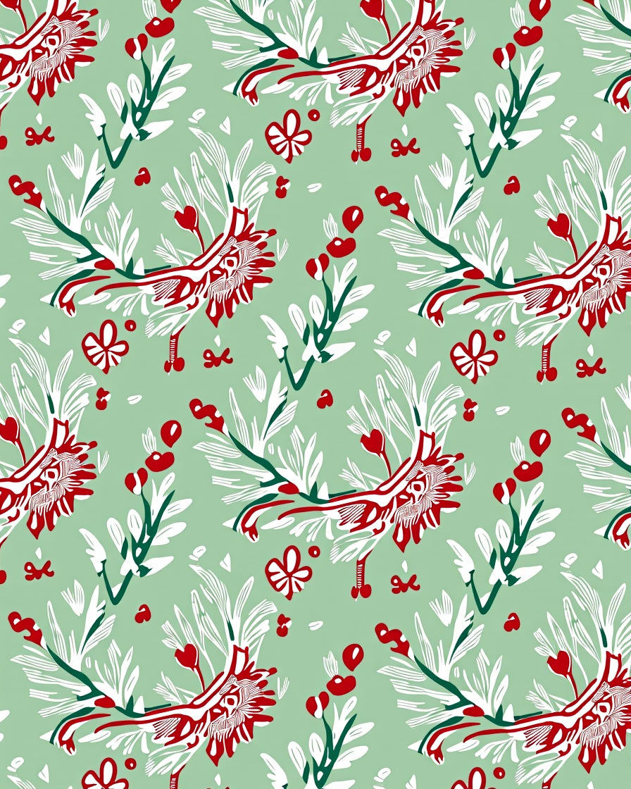 Whimsical Red Floral Green Folk Art Rug