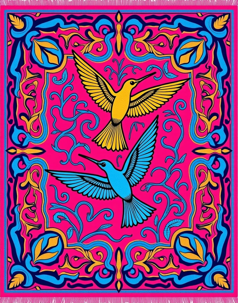Vibrant Pink Hummingbird Floral Garden Rug