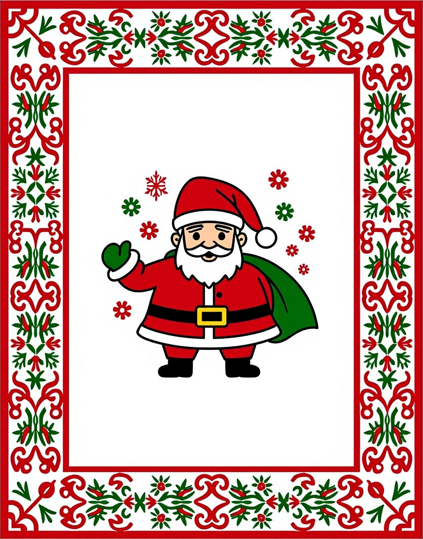 Festive Red Green Santa Snowflakes Border Rug