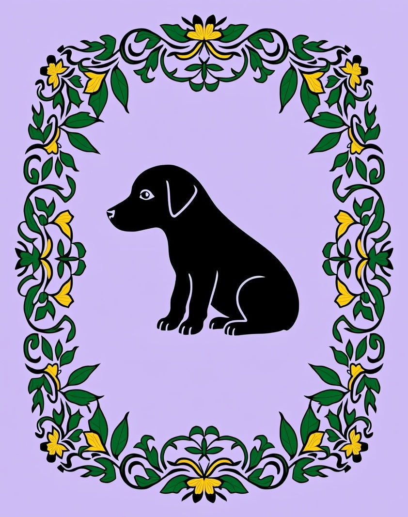 Black Puppy Garden Floral Garland Rug