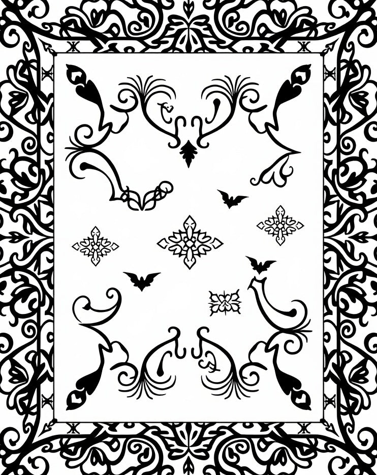 Gothic Black Ornamental Scroll Bat Rug