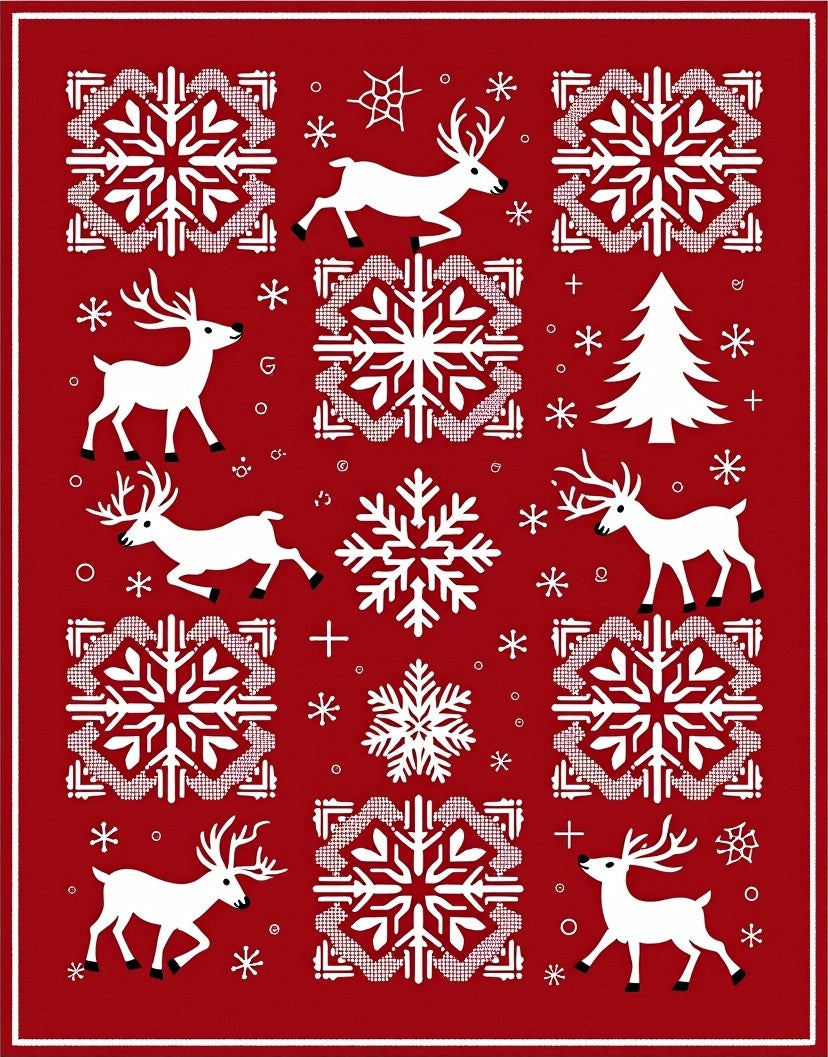 Red White Festive Reindeer Snowflake Rug