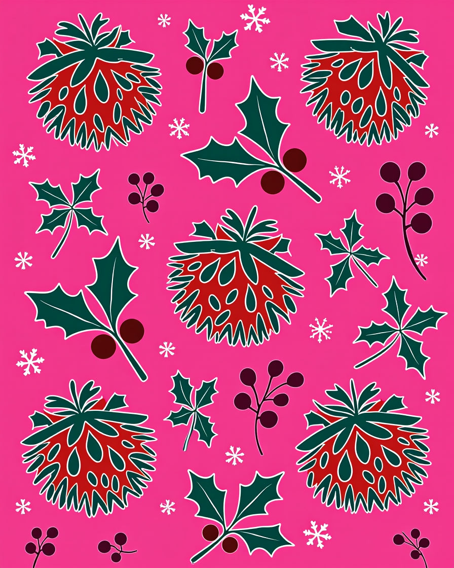 Happy Pink Pinecone Holly Berry Snowflakes Rug