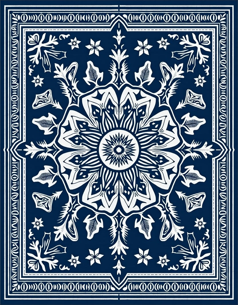 Dark Blue White Floral Medallion Rug
