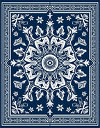 Dark Blue White Floral Medallion Rug