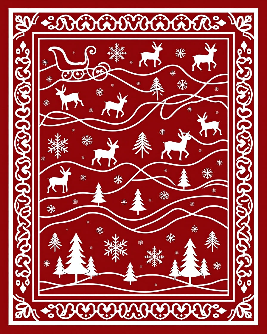 Crimson Sleigh Deer Forest Snowflakes Rug