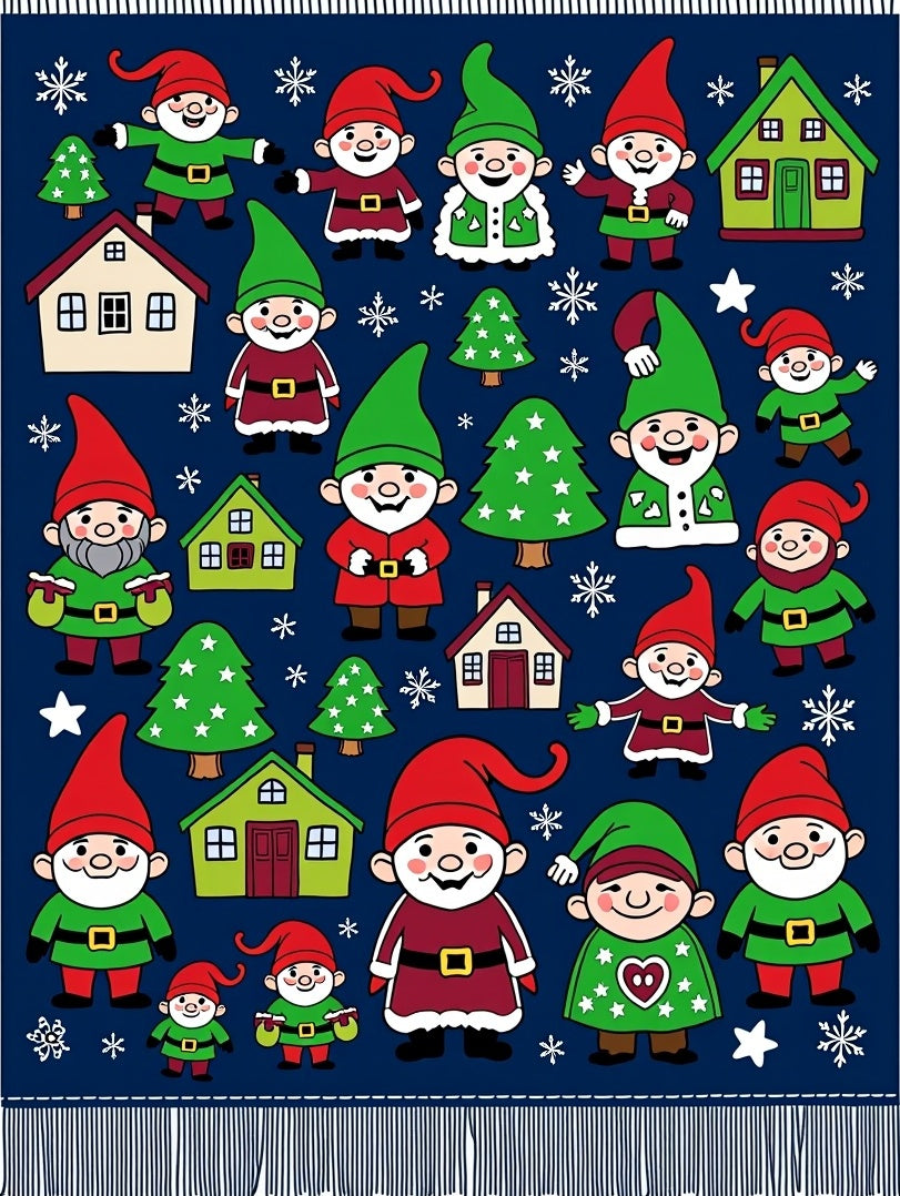 Festive Red Green Gnome Christmas Houses Rug