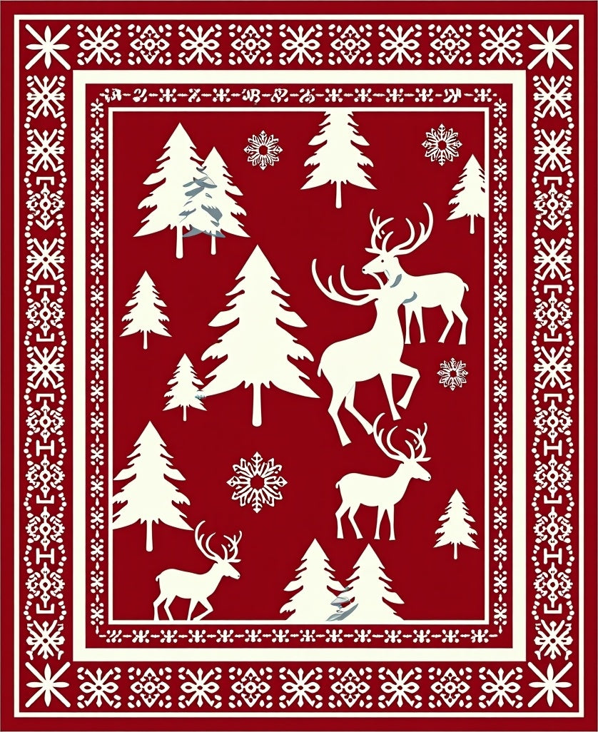 Crimson Winter Forest Reindeer Scene Rug